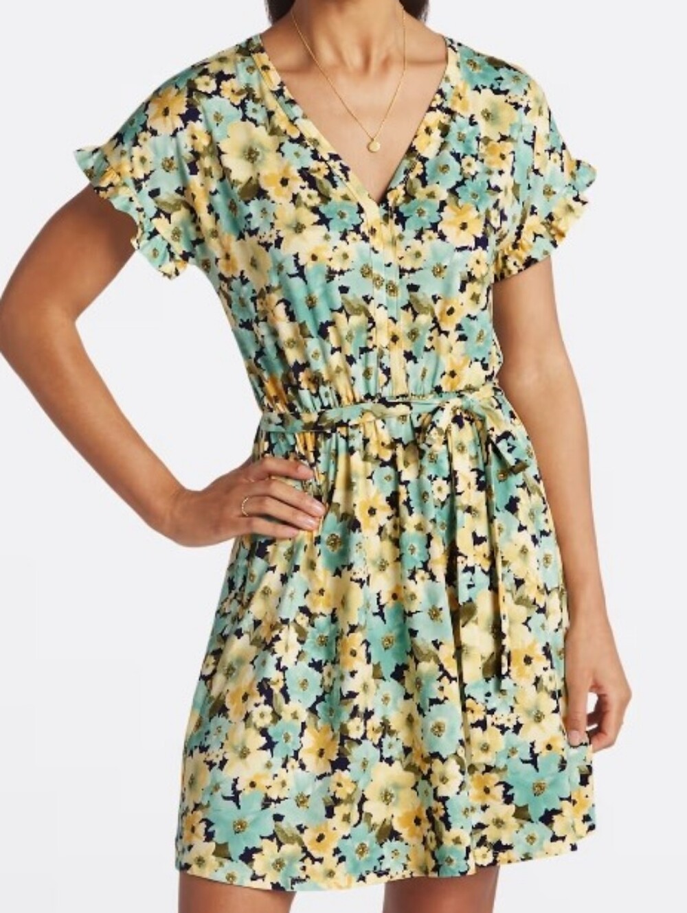 French Grey Floral V-Neck Short Sleeve Dress in Yellow & Blue, Size L